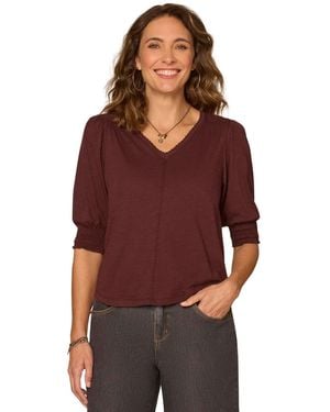 Democracy Petite Elbow-length Blouson Scalloped V-neck Blouse - Red