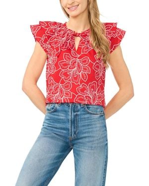 Cece Printed Flutter-sleeve Tie-neck Top - Blue