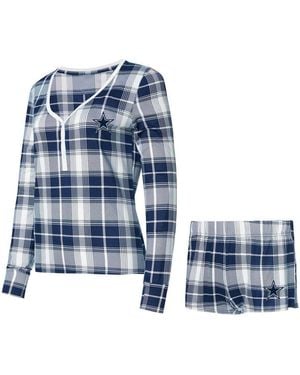 Concepts Sport Navy/silver Dallas Cowboys Ashford Long Sleeve V-neck Top Short Set - Blue