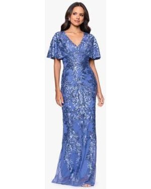 Betsy & Adam Betsy Adam Sequin Detail Flutter Sleeve Gown - Blue
