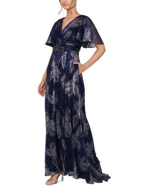 Betsy & Adam Petite Foil-print Flutter-sleeve Maxi Dress - Blue