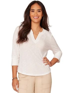 Democracy Petite 3/4-sleeve Split Neckline Knit Top - White