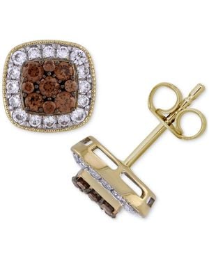 Macy's Brown Diamond & White Diamond Square Halo Cluster Stud Earrings (1 Ct. T.w. - Metallic
