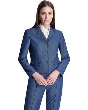 DKNY Petite Dressy Denim Notch Collar Cropped Jacket - Blue