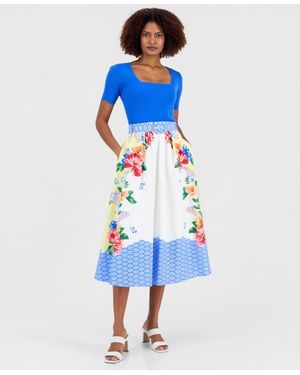 Tahari Printed Belted Pull-on Midi Skirt - Blue