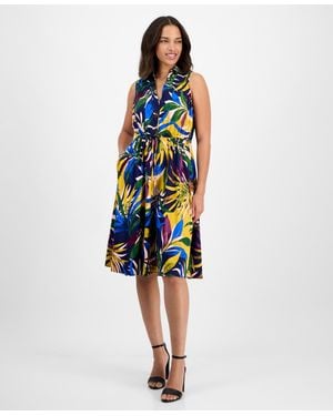 Sandra Darren Petite Printed Sleeveless Collared Shirtdress - Blue