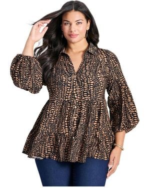 Avenue Flora Blouson Tiered Tunic - Brown