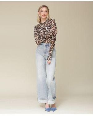 Avec Les Filles Leopard Printed Long Sleeve Mesh Top Cuffed High Rise Wide Leg Jeans - Natural