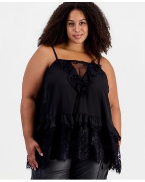 And Now This Plus Size Lace Trim Long Ruffle-trim Camisole - Black
