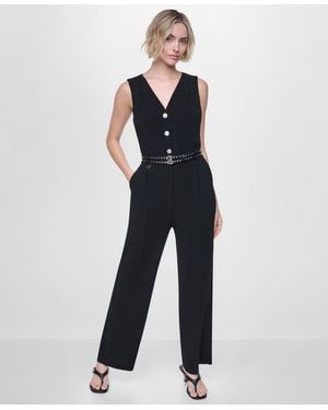 DKNY Textured Belted Sleeveless Jumpsuit - Blue