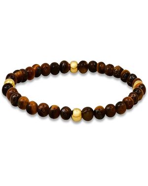 Steeltime 14k Gold Plated Sterling Silver And Tiger Eye Beaded Stretch Bracelet - Brown
