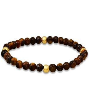 Steeltime 14k Gold Plated Sterling Silver And Tiger Eye Beaded Stretch Bracelet - Brown