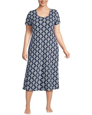Lands' End Plus Size Cotton Short Sleeve Midcalf Nightgown - Blue