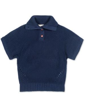 Hope & Henry Girls Organic Spread Collar Short Sleeve Sweater - Blue