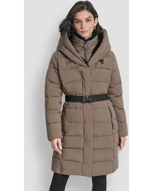 DKNY Belted Asymmetrical Zip Front Puffer Coat - Brown
