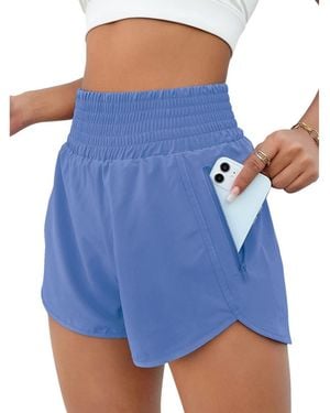 FURLING High Waisted Athletic Shorts Quick Dry Zipper Pocket Double Layer - Blue