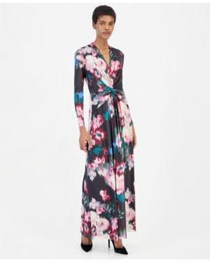 Anne Klein Twist Front Maxi Floral Long Sleeve A Line Dress - White