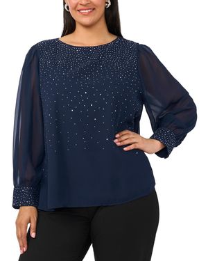 Msk Plus Size Rhinestone Embellished Balloon Sleeves Top - Blue