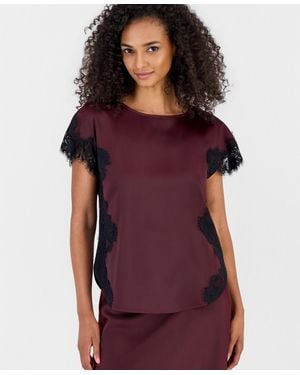 Anne Klein Short-sleeve Lace-trim Satin Top - Red