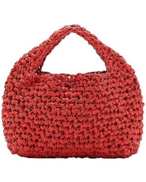 Mango Handmade Woven Leather Top Handle Tote - Red
