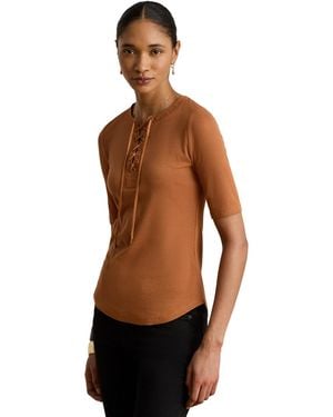 Ralph Lauren Petite Crewneck Lace-up Ribbed Elbow-sleeve T-shirt - Red