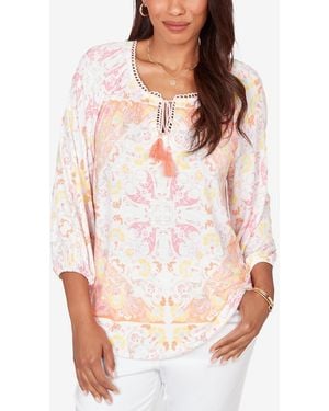 Ruby Rd. Plus Size Tapestry Print Drawstring Peasant Top - White