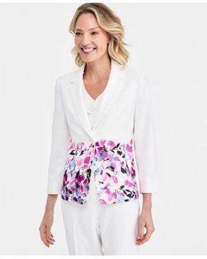 Kasper Petite Floral-print Double-button Blazer - White