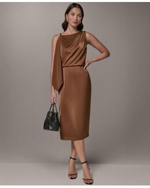 Donna Karan Satin Square Neck Midi Sheath Dress - Brown