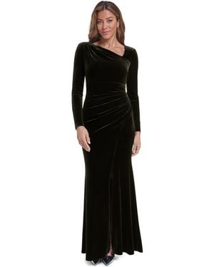 Eliza J Long-sleeve Asymmetrical Neckline Velvet Gown - Black