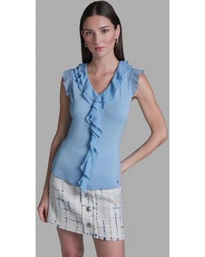 BCBGMAXAZRIA V-neck Ruffle Front Pull-on Top - Blue