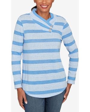 Ruby Rd. Petite Metallic Stripe Button Accent Knit Top - Blue