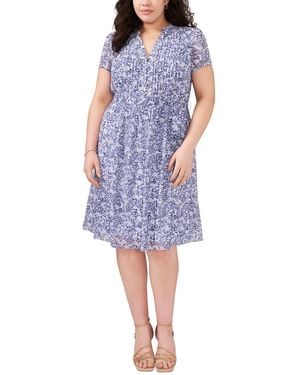 Msk Plus Size Printed Split-neck Cap-sleeve Dress - Blue