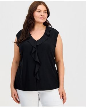 Kasper Plus Size Mixed-media Ruffle Top - Black