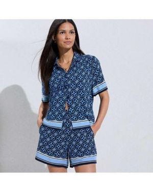 Lands' End Rayon Short Sleeve Camp Shirt High Rise 5 Shorts Matching Set - Green