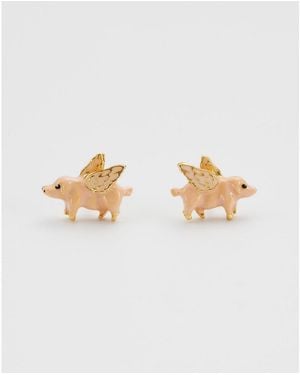 Fable England Gold Flying Pig Stud Earrings - White