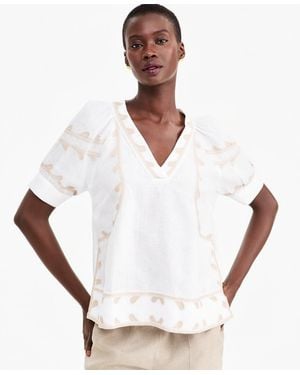 Charter Club Linen Puff-sleeve Embroidered Blouse - White