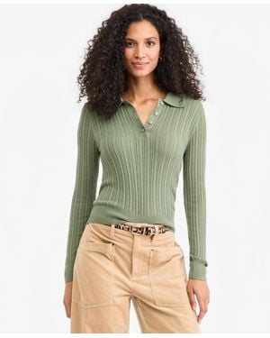 On 34th Lightweight Long Sleeve Ribbed Polo Sweater - Green