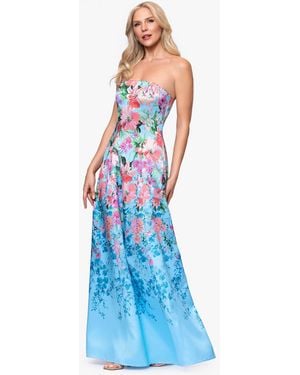 Betsy & Adam Betsy Adam Floral Print Strapless Ball Gown - Blue