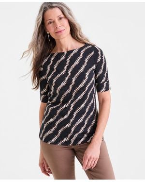 Style & Co. Printed Boat-neck Elbow-sleeve Top - Black