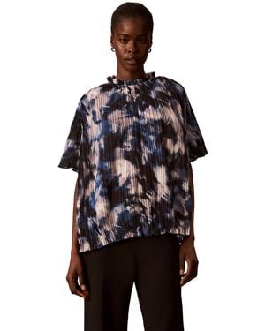 Calvin Klein Short-sleeve Ruffle-neck Pleated Blouse - Black