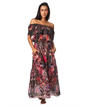 La Moda Clothing Off Shoulder Cinched Waist Maxi Dress - Red