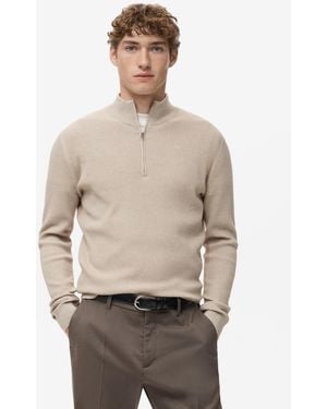 Mango Zip Neck Ribbed Sweater - Natural