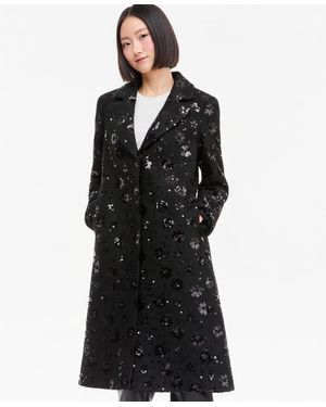 Cece Sequin Floral Notch-collar Coat - Black