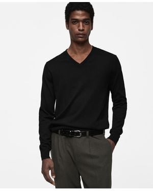 Mango Slim-fit Merino Wool V-neck Sweater - Black