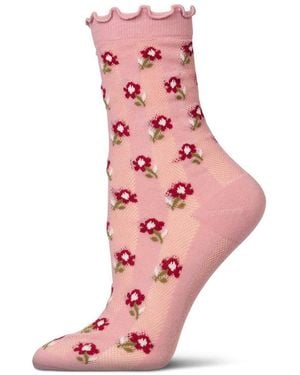Memoi "ditsy Floral" Cotton-rich Mini-net Ruffle-edge Ankle Sock - Pink