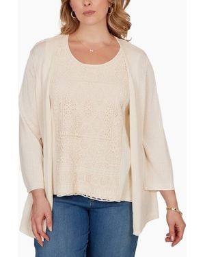 Ruby Rd. Plus Size Crochet Back Open Front Cardigan Sweater - Natural