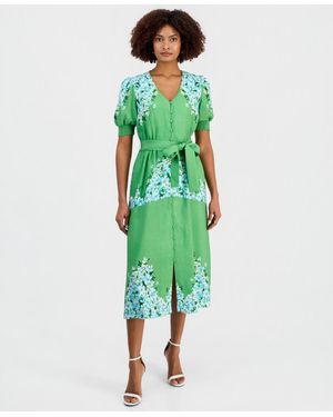 Tahari Belted Printed Button-front Midi Dress - Green