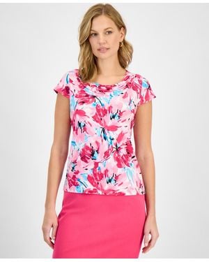 Kasper Printed Cowlneck Top - Pink