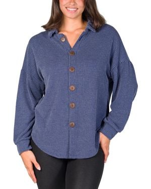 24seven Comfort Apparel Ribbed Button Up Long Sleeve Collared Shirt Jacket - Blue