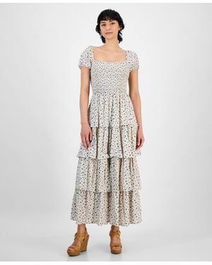 And Now This Petite Printed Smocked Tiered-ruffle-trim Dress - White